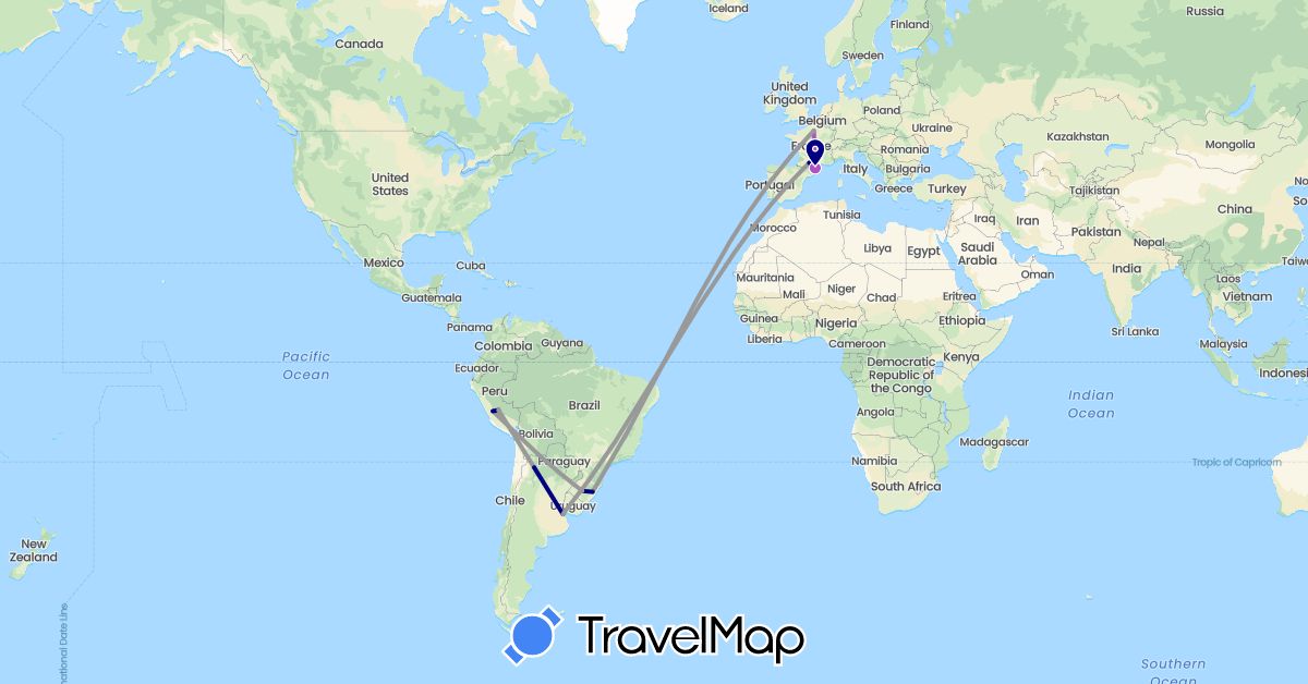 TravelMap itinerary: driving, plane, train in Argentina, Brazil, France, Peru (Europe, South America)